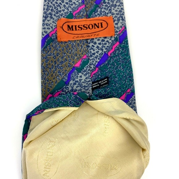 MISSONI Diagonal Animal Print Striped Multicolor 100% Silk Necktie - Needs fix - Picture 8 of 12